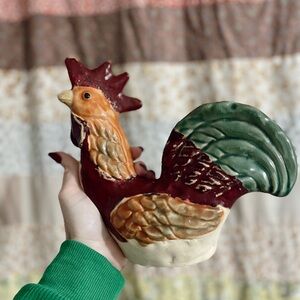 Hand-Painted Ceramic Rooster Figurine in Red, Green and Cream
